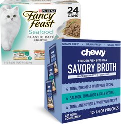 Bundle: Fancy Feast Classic Seafood Feast Variety Pack Canned Food + Chewy Broths Seafood Variety Pack Wet Cat Food Complement Pouches