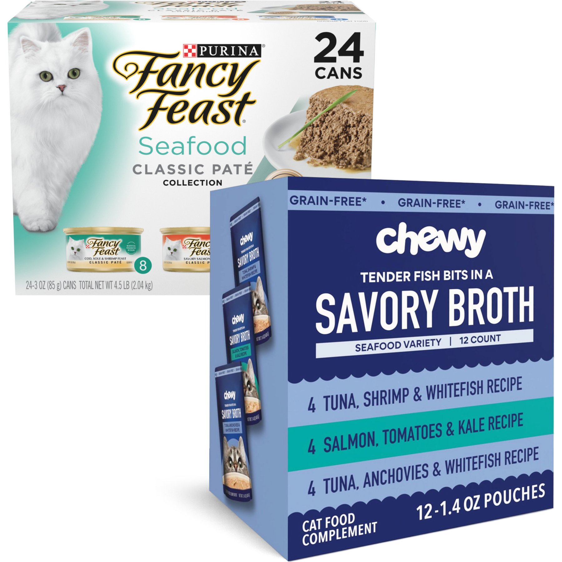 Bundle: Fancy Feast Classic Seafood Feast Variety Pack Canned Food + Chewy Broths Seafood Variety Pack Wet Cat Food Complement Pouches