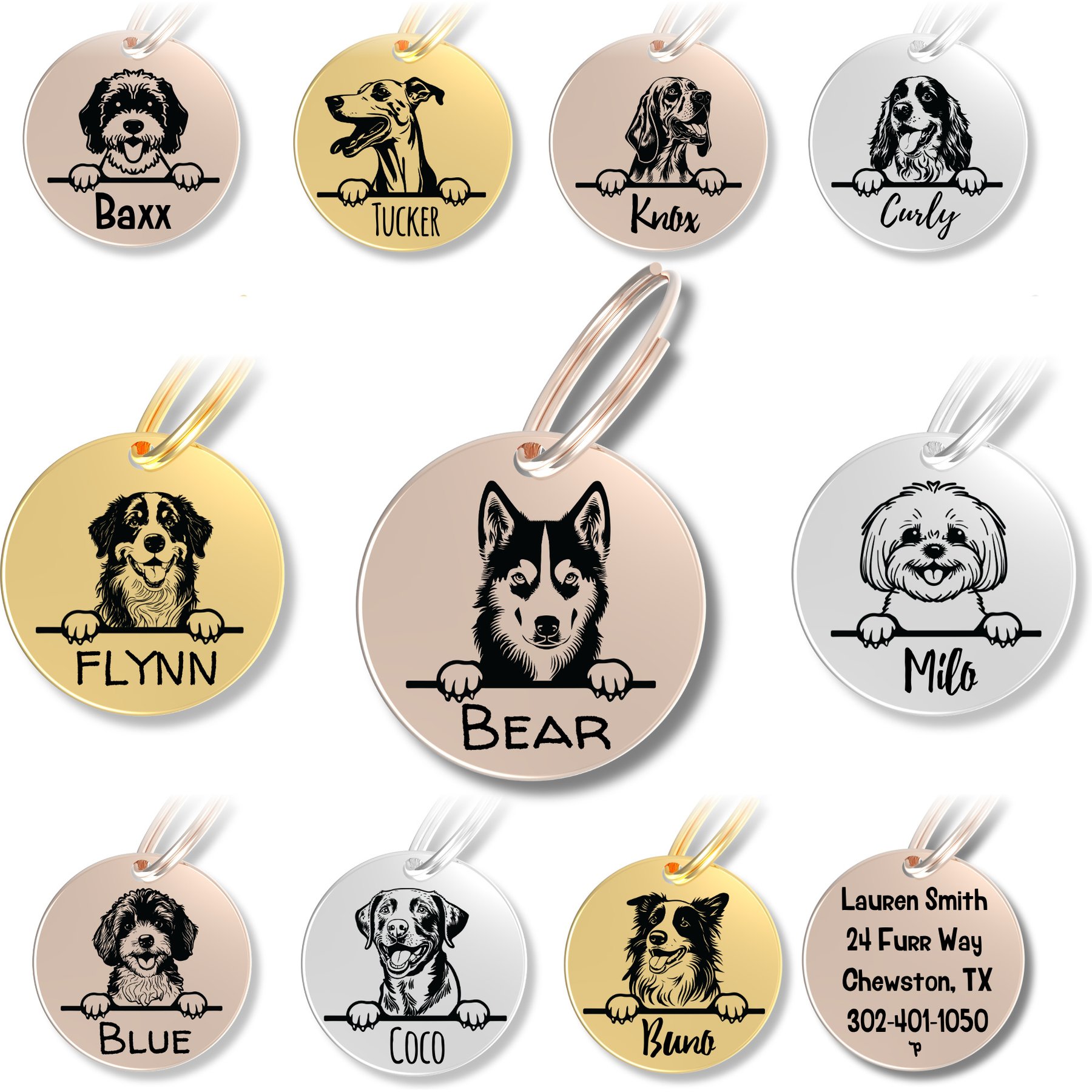 PawFurEver Dog Breed Stainless Steel Personalized Dog ID Tag, Husky, Rose