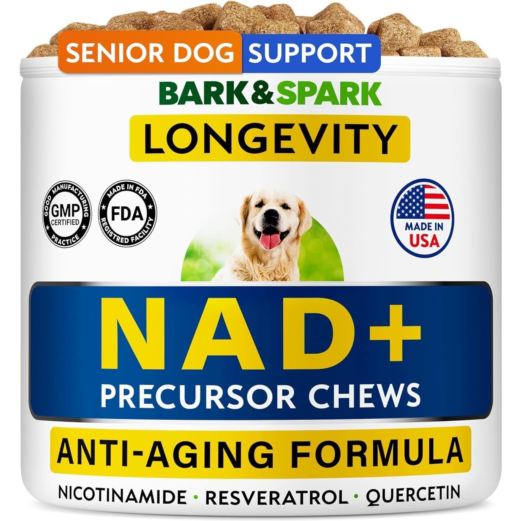Bark&Spark NAD+ Advanced Longevity Recovery & Immune Support Peanut Butter Flavored Chew Vitamins & Supplement for Dogs, 90 count