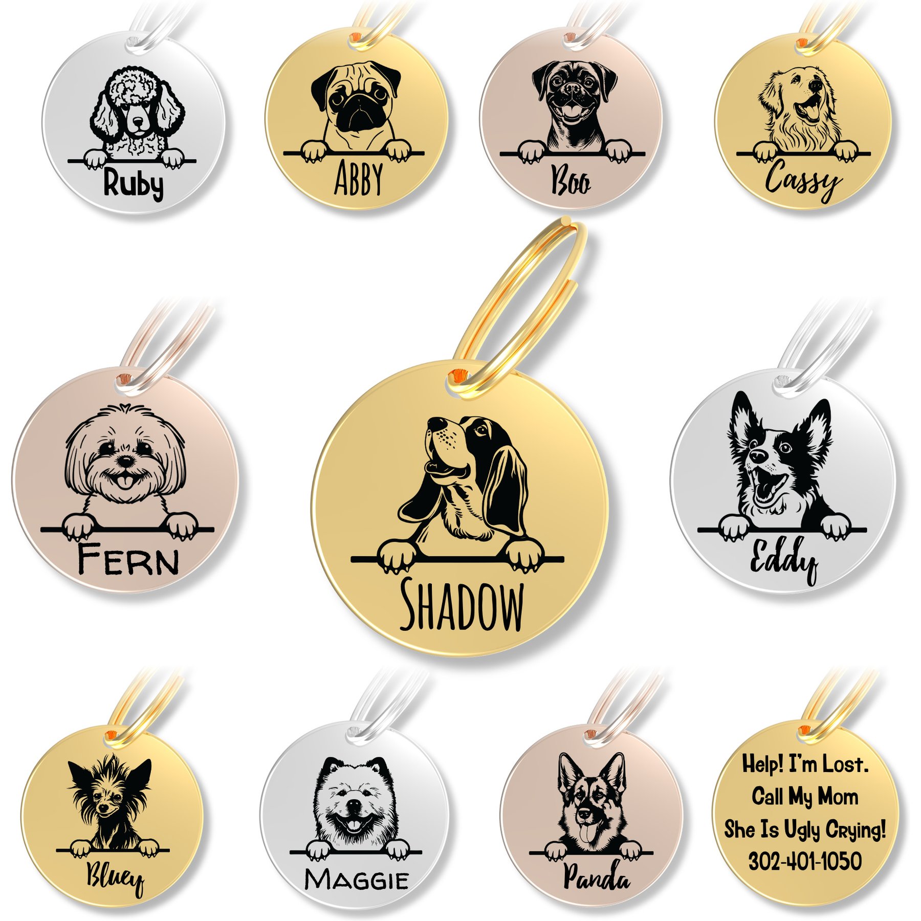 PawFurEver Dog Breed Stainless Steel Personalized Dog ID Tag, Basset Hound, Gold