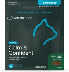 VetriScience Composure Calm & Confident Thunderstorms Support Trout & Chicken Flavored Soft Chews Calming & Anxiety Supplement for Cats, 10 count