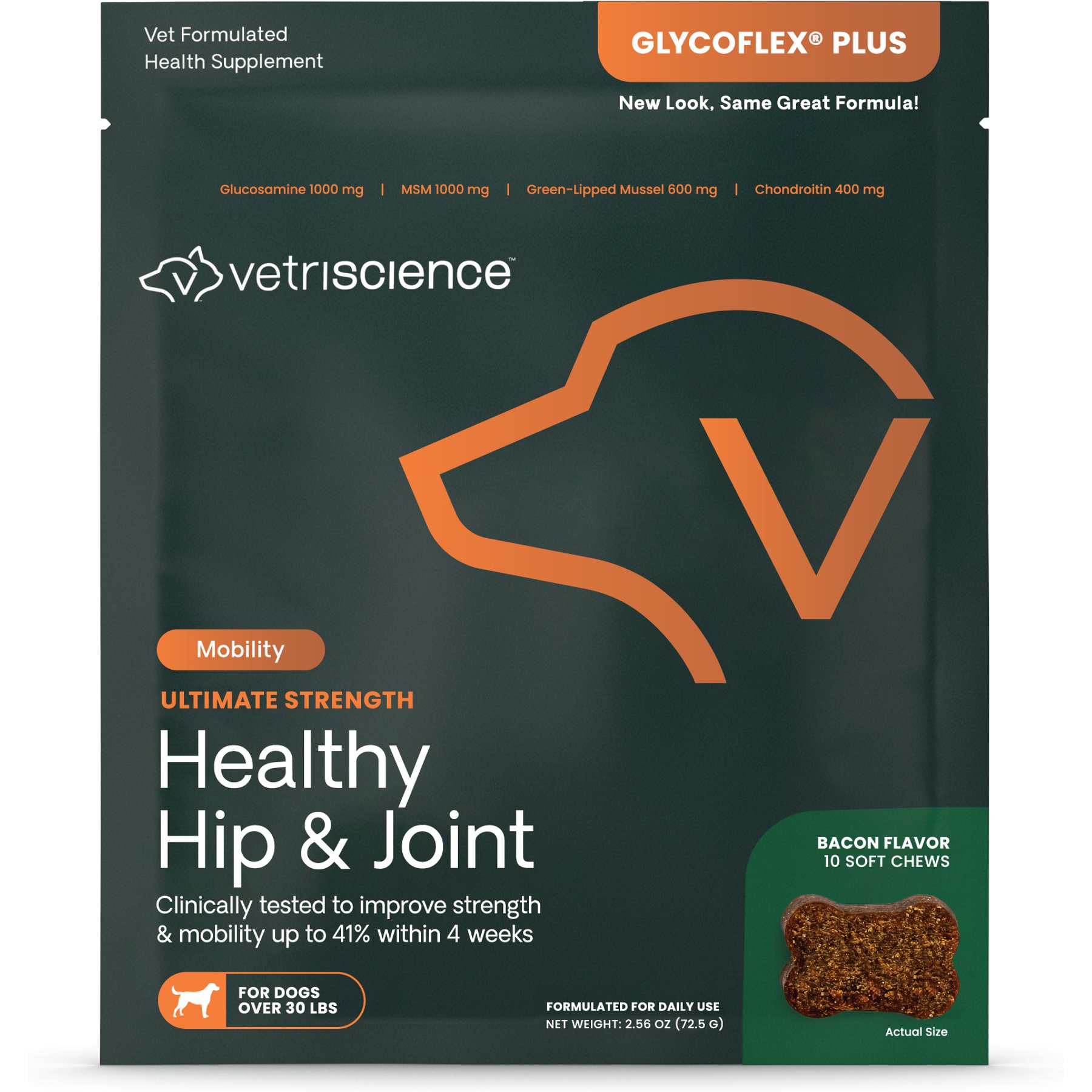 VetriScience Ultimate Strength Bacon Flavored Chews Hip & Joint Supplement for Dogs, 10 count