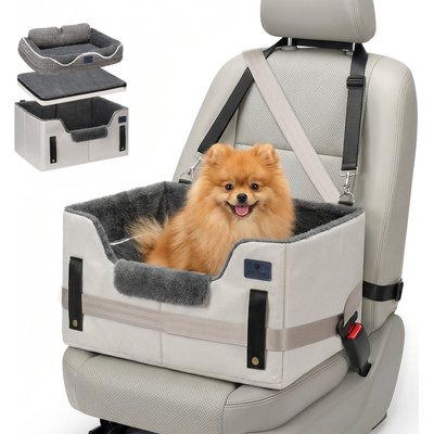 Veehoo Veehoo 2-in-1 Car Seat Booster & Bed for Small & Medium Dogs with Safety Leash, Non-Slip & Removable Washable Cover, Grey, 24 x 18 x 12-in