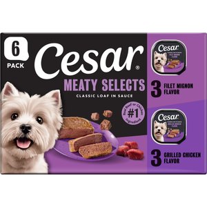 Cesar Classic Loaf in Sauce Variety Pack Adult Filet Mignon & Grilled Chicken Wet Dog Food Trays, 3.5-oz, 6 count