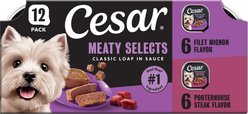 Cesar Classic Loaf in Sauce Filet Mignon & Porterhouse Steak Flavors Variety Pack Grain-Free Small Breed Adult Wet Dog Food Trays, 3.5-oz, case of 12