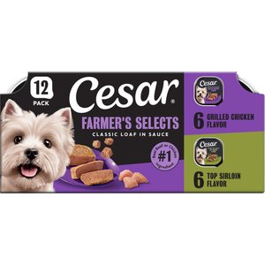 Cesar Classic Loaf in Sauce Top Sirloin & Grilled Chicken Flavors Variety Pack Grain-Free Small Breed Adult Wet Dog Food Trays, 3.5-oz, case of 12