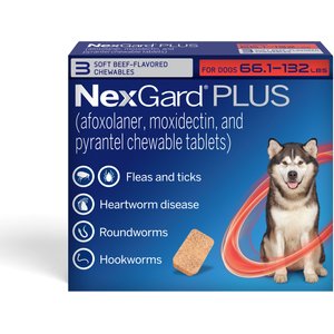 NexGard PLUS Chewables for Dogs, 66.1-132 lbs. (Red Box) 3 Chewable Tablets (3-mos. supply)