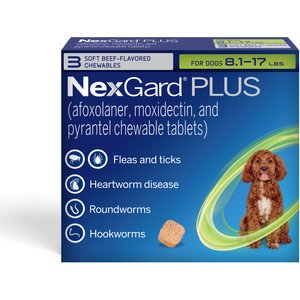 NexGard PLUS Chewables for Dogs, 8.1-17 lbs. (Green Box) 3 Chewable Tablets (3-mos. supply)
