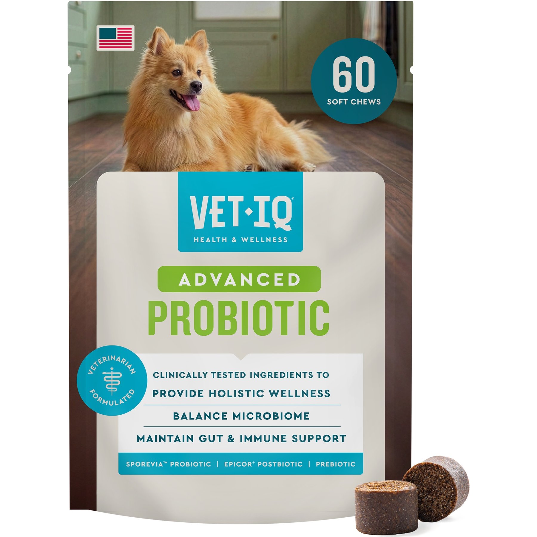 VetIQ Advanced Probiotic Advanced Health Hickory Smoke Flavored Digestive Aid Chew Supplement for Dogs, 60 count