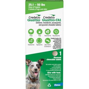 Credelio Quattro/Credelio Quattro-CA1 Chewable Tablets for Dogs, 25.1-50 lbs, 1 Chewable (1-mo. supply)