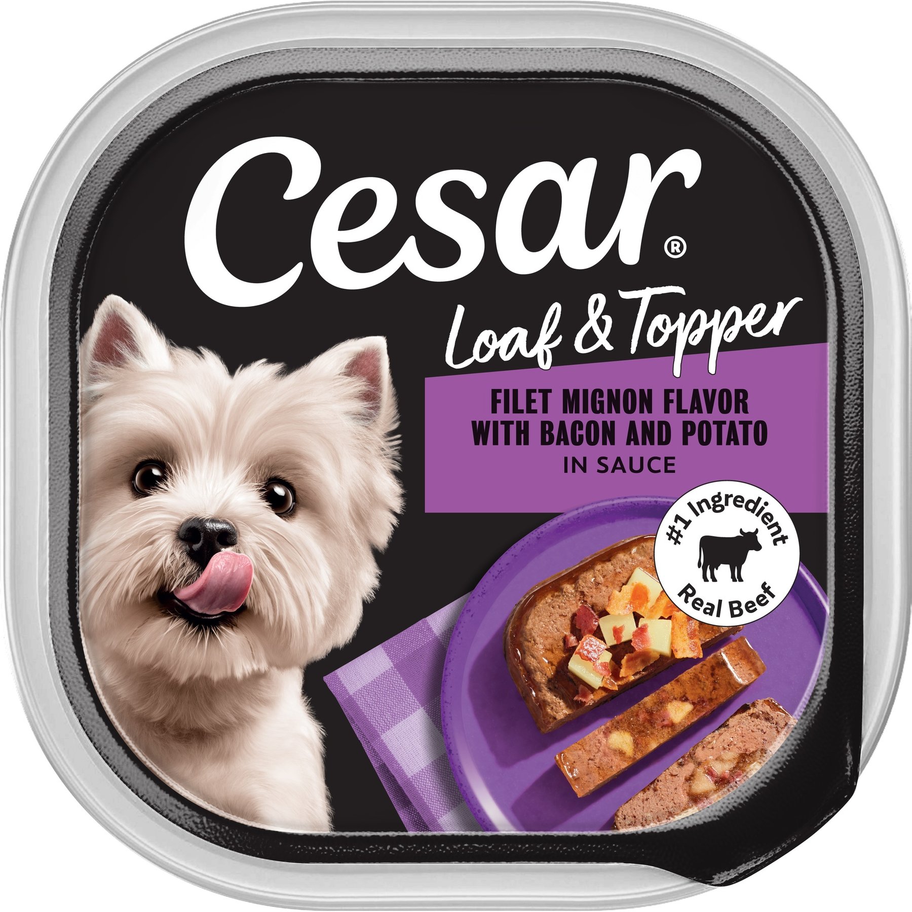 Cesar Loaf & Topper in Sauce Filet Mignon Flavor with Bacon & Potato Grain-Free Small Breed Adult Wet Dog Food Trays, 3.5-oz, case of 24