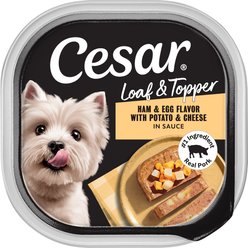 Cesar Loaf & Topper in Sauce Ham & Egg Flavor with Potato & Cheese Grain-Free Small Breed Adult Wet Dog Food, 3.5-oz, case of 24