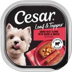 Cesar Loaf & Topper in Sauce Angus Beef Flavor with Bacon & Cheese Grain-Free Small Breed Adult Wet Dog Food Trays, 3.5-oz, case of 24