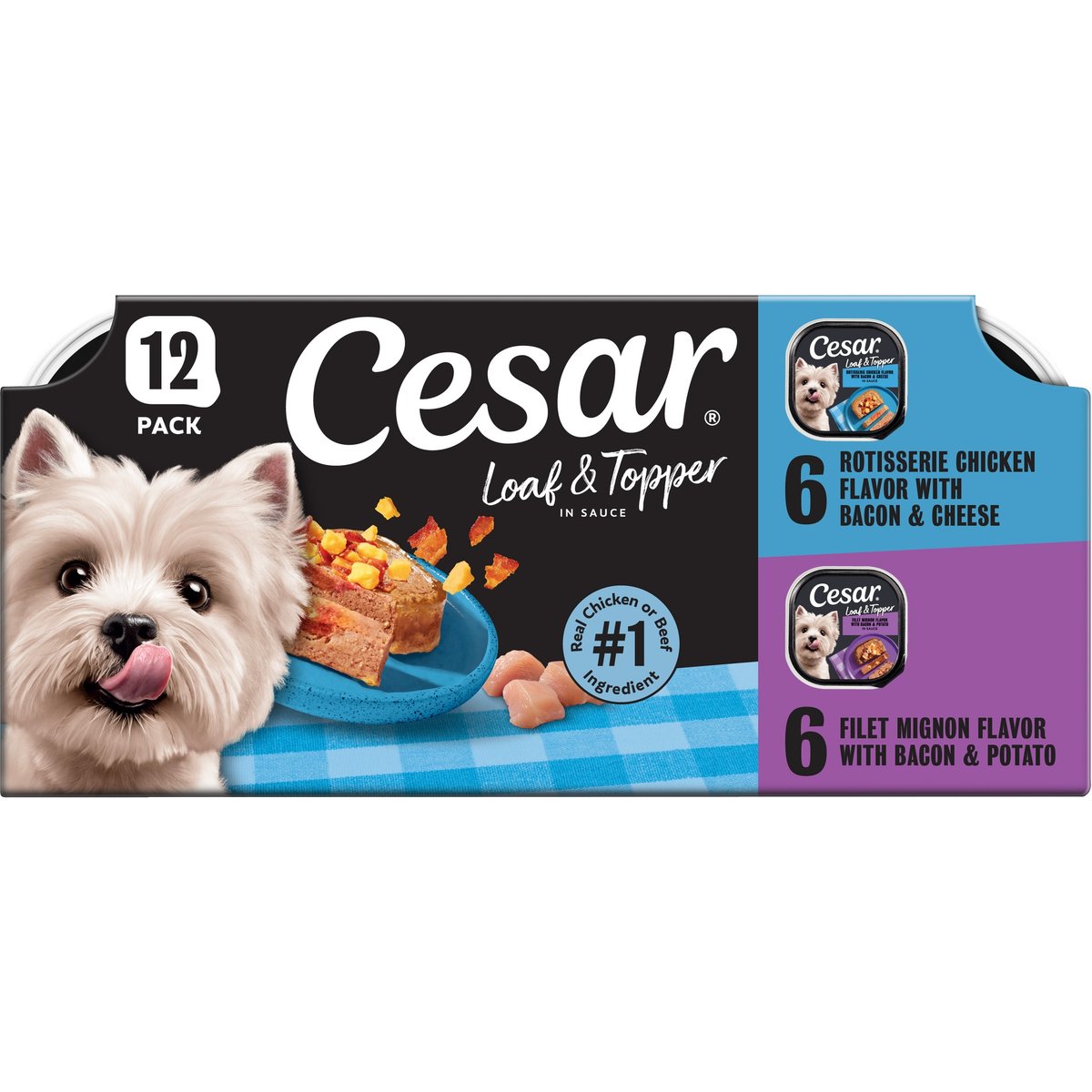 Cesar Loaf in Sauce Rotisserie Chicken & Filet Mignon Flavors Variety Pack Grain-Free Small Breed Adult Wet Dog Food Trays, 3.5-oz, case of 12