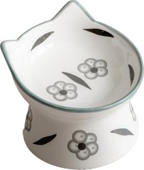 Dexypaws Floral White & Black Feeding Ceramic Cat Elevated Bowl, White, 7-oz