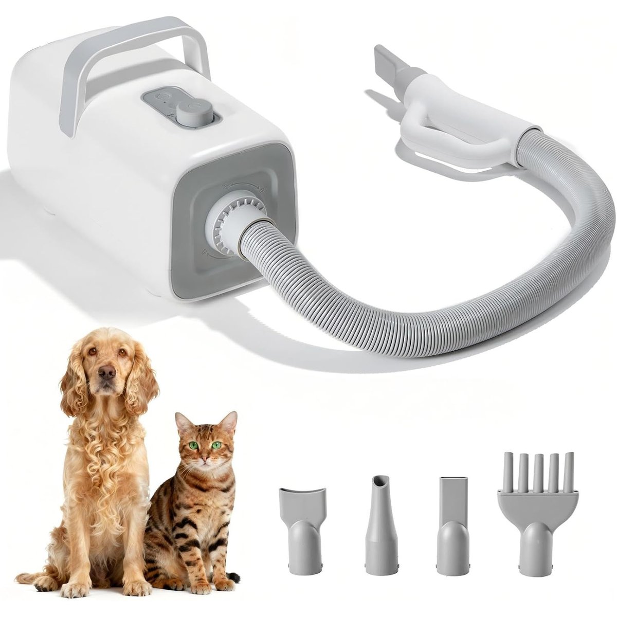 MeWang 1550W High Velocity Dryer with Heater, Adjustable Speed & Temperature Dog Grooming Blower with 4 Nozzles, White