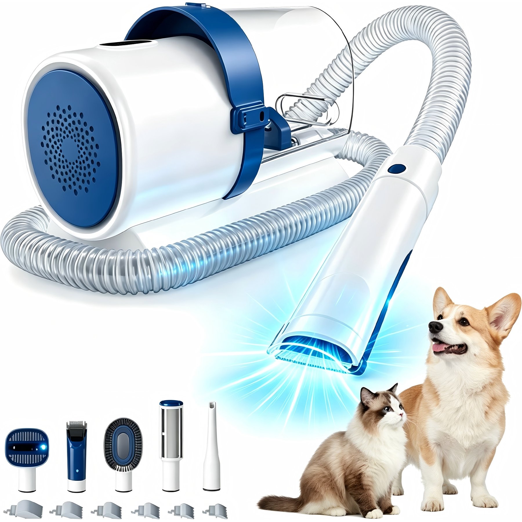 MeWang 5-in-1 Pet Hair Trimmer & Vacuum Grooming Kit with 2.5-L Dust Cup, Cordless Clippers, Low Noise & 3 Suction Modes, White/Blue
