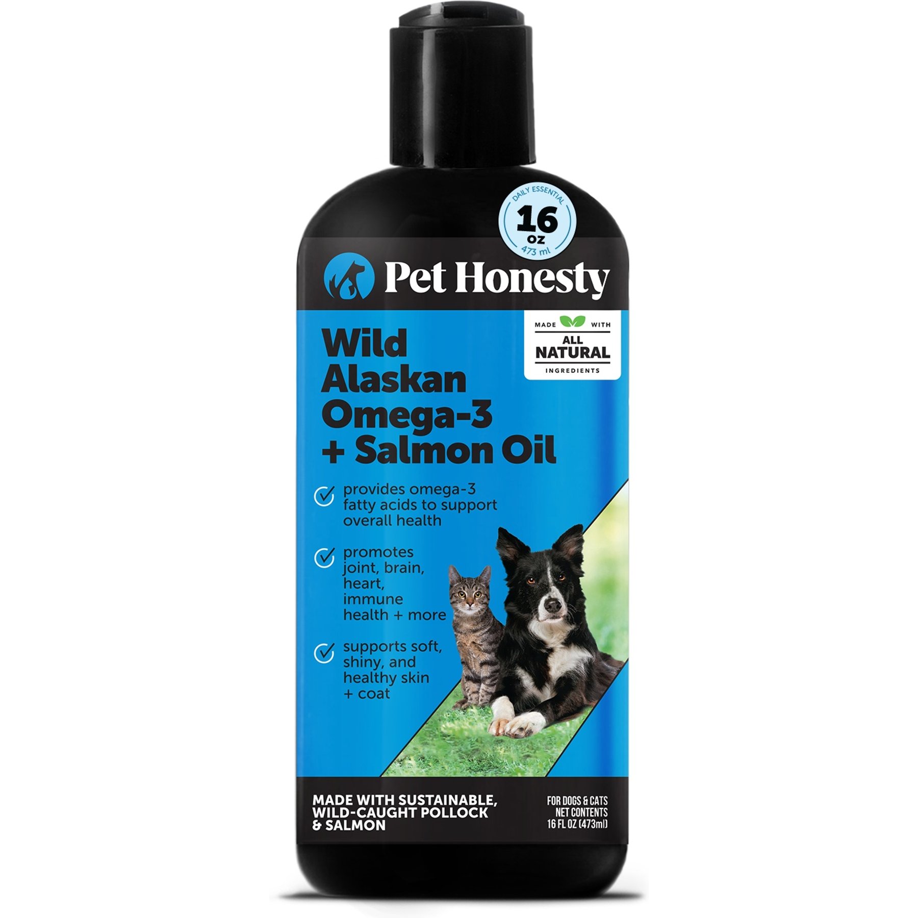 Pet Honesty Wild Alaskan Omega-3 + Salmon Oil & Pollock Oil Skin & Coat, Heart, Brain & Joint Support Liquid Supplement for Dogs & Cats, 16-fl oz bottle