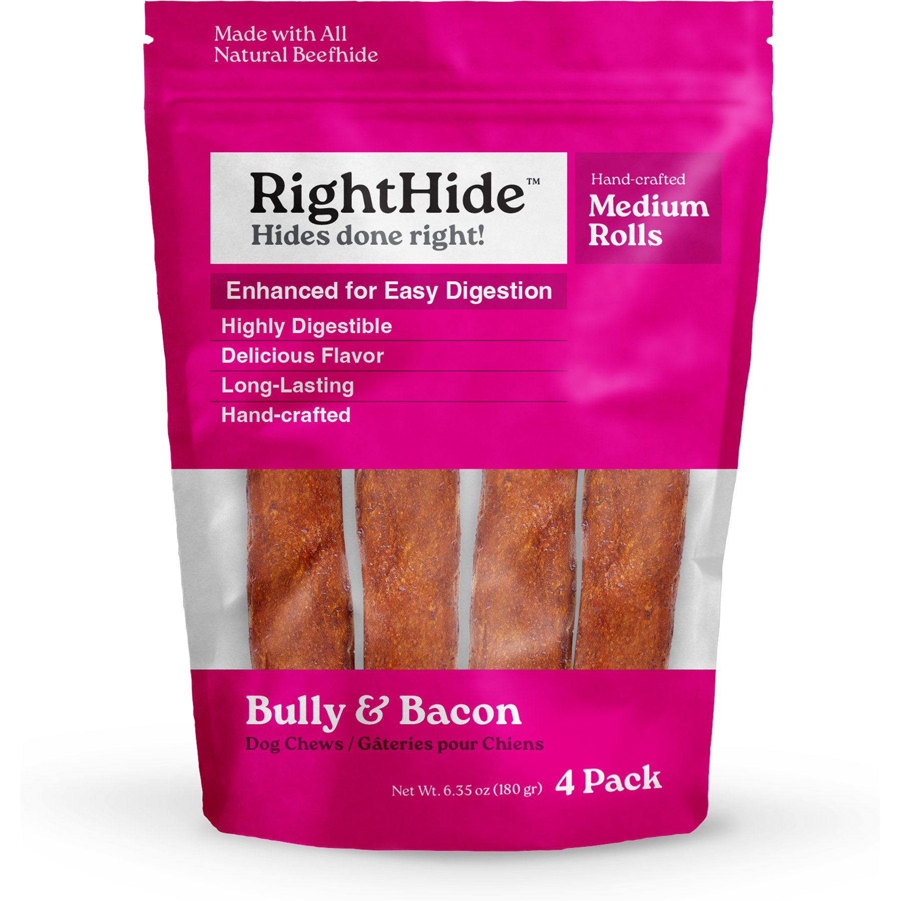 RightHide Rolls Medium Bully & Bacon Flavor Natural Dog Chew, 4 count