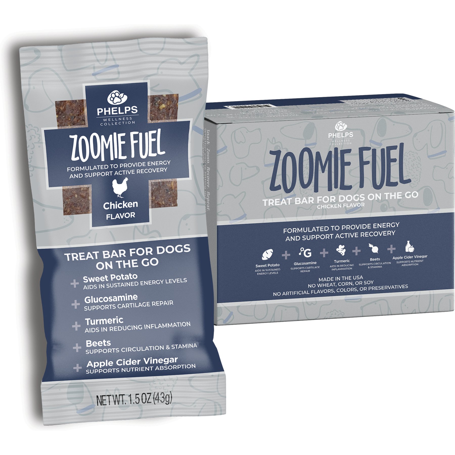 Phelps Wellness Collection Zoomie Fuel Chicken Recipe To-Go Bars Dog Treats, 8 count