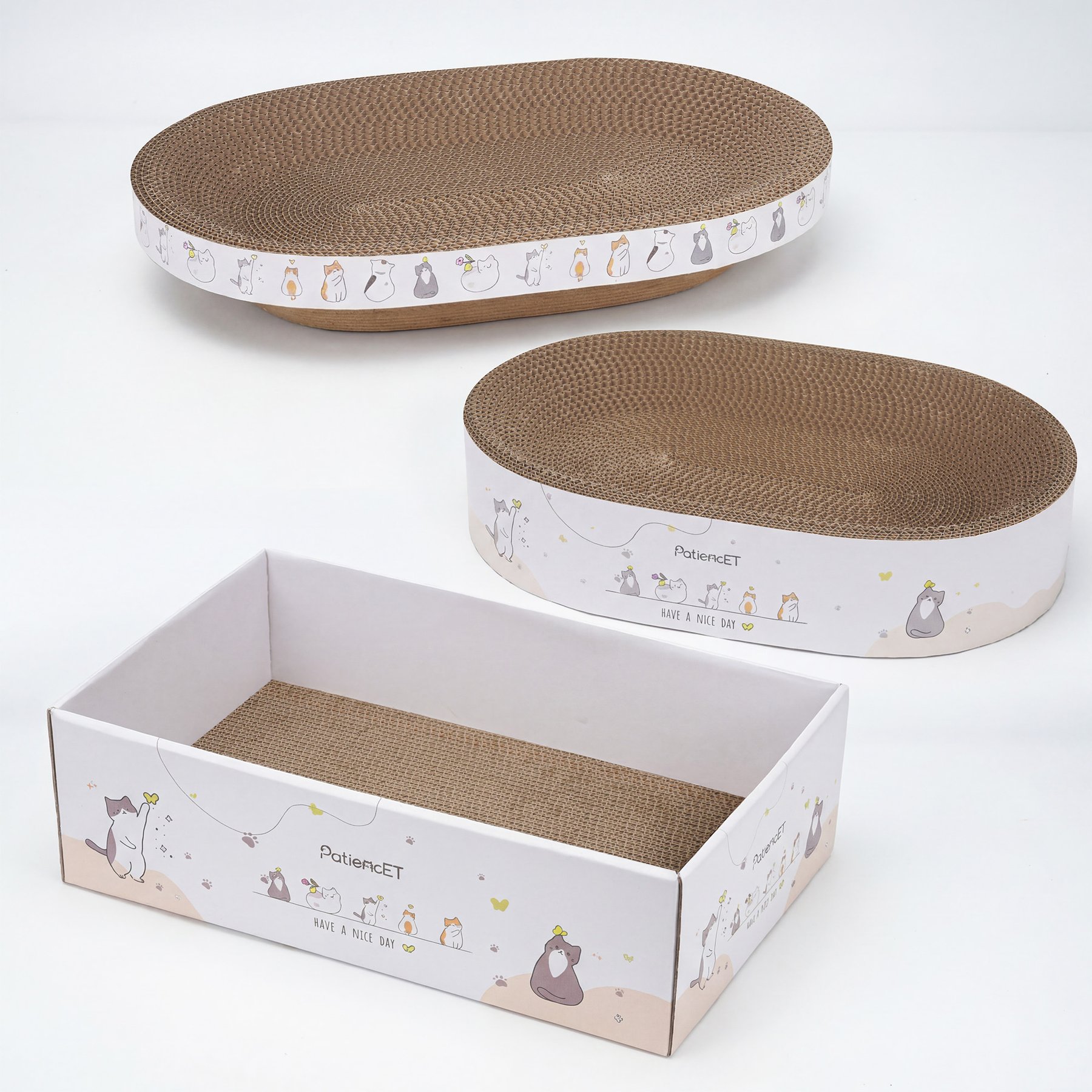PatiencET 3-in-1 Exercise Scratcher Cat Toy with Oval Bed, White, Large