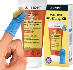 Jasper Double Enzymatic Toothpaste & 360º Finger Toothbrush Bacon Flavor Toothbrush Kit for Dogs, 2-oz tube