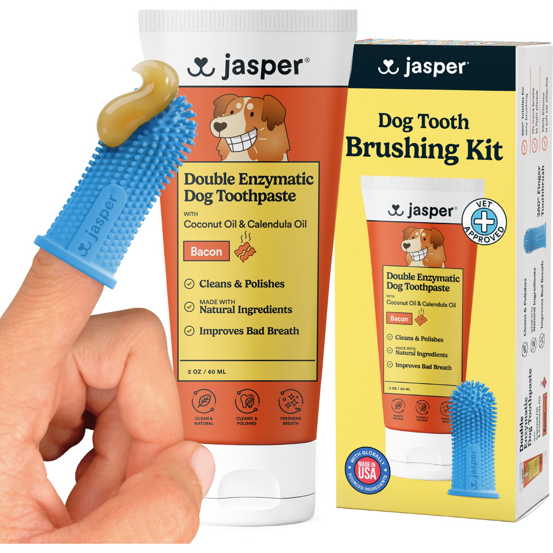 Jasper Double Enzymatic Toothpaste & 360º Finger Toothbrush Bacon Flavor Toothbrush Kit for Dogs, 2-oz tube