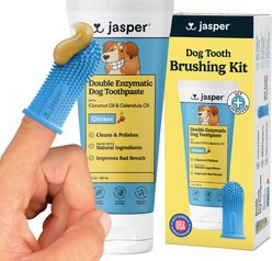 Jasper Double Enzymatic Toothpaste & 360º Finger Toothbrush Chicken Flavor Toothbrush Kit for Dogs, 2-oz tube