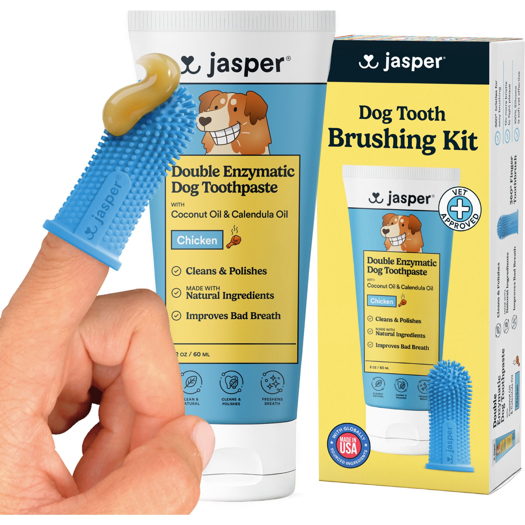 Jasper Double Enzymatic Toothpaste & 360º Finger Toothbrush Chicken Flavor Toothbrush Kit for Dogs, 2-oz tube