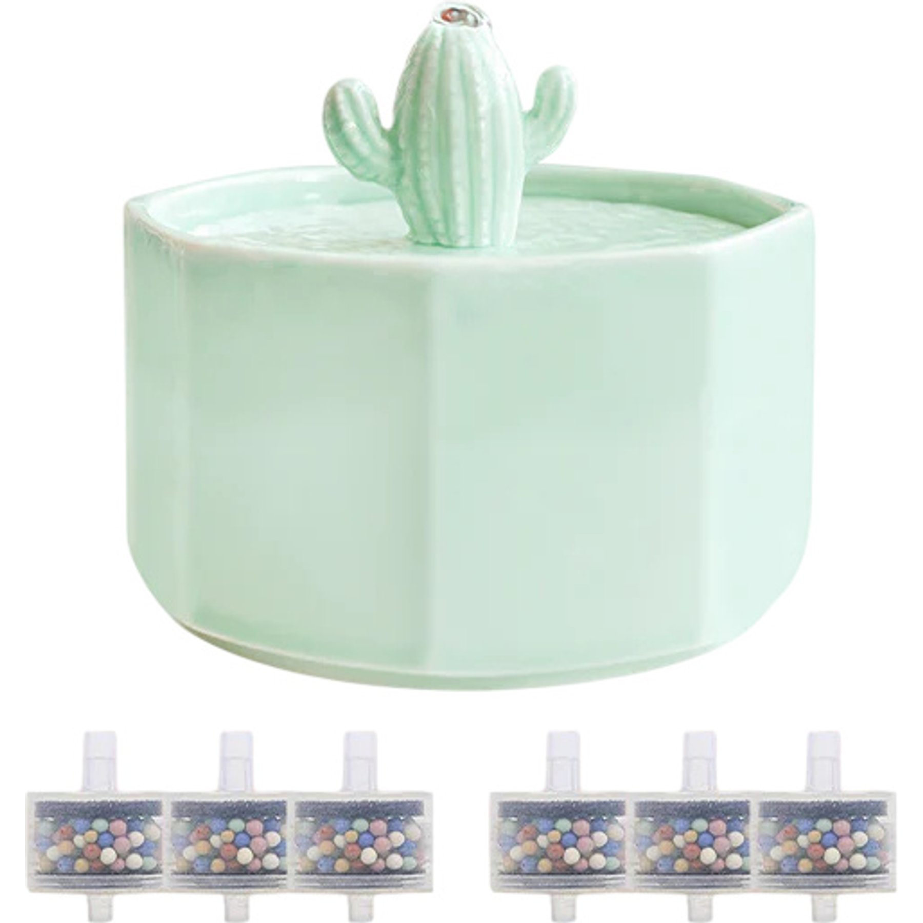 Happy & Polly Cactus Style Ceramic Cat Water Fountain with 6 Filters, Green, 50-oz