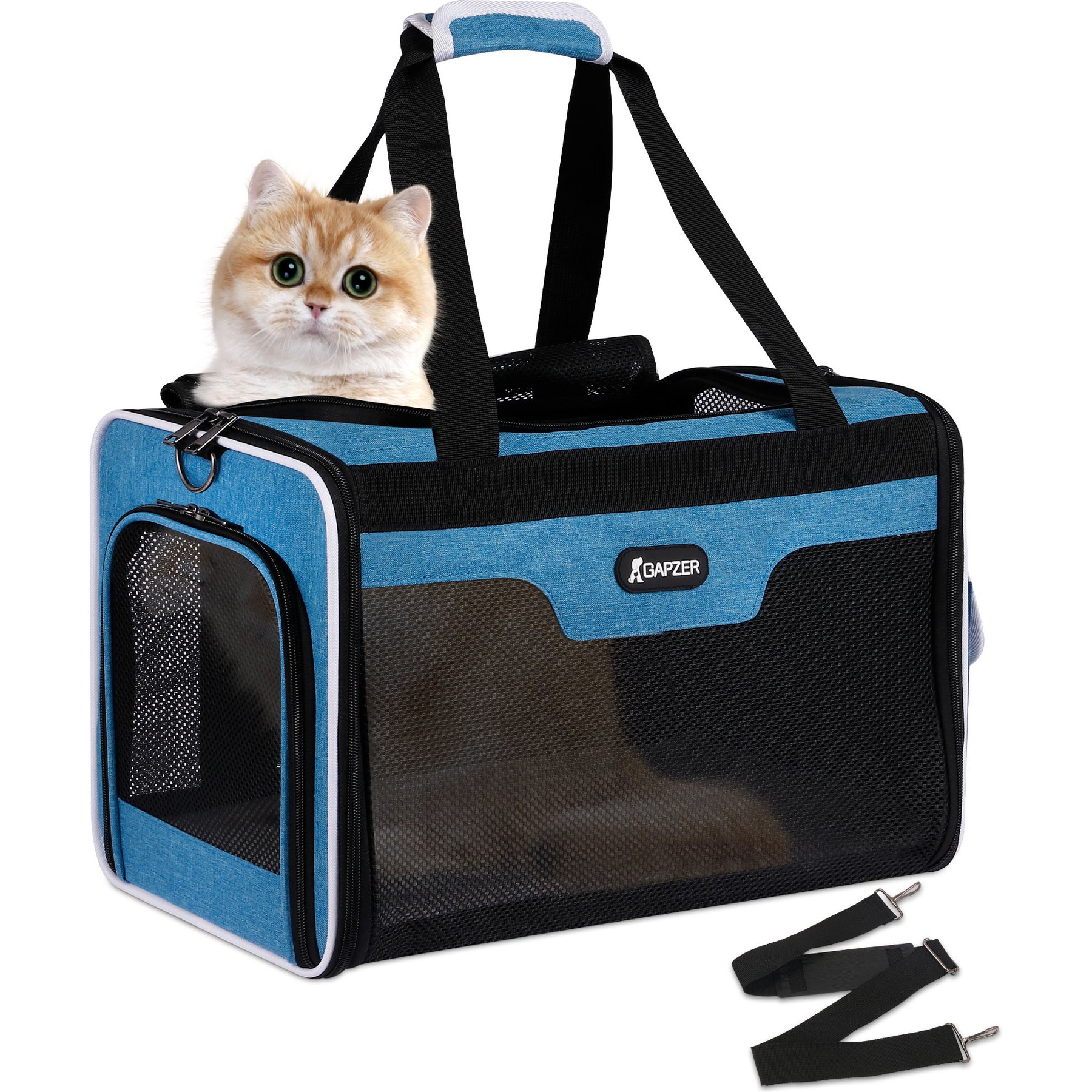 DOPZER Soft-Sided Airline-Approved Easy Access with Safety Zippers Travel Escape Proof Bag Dog & Cat Carrier, 17 x 11 x 11-in, Blue