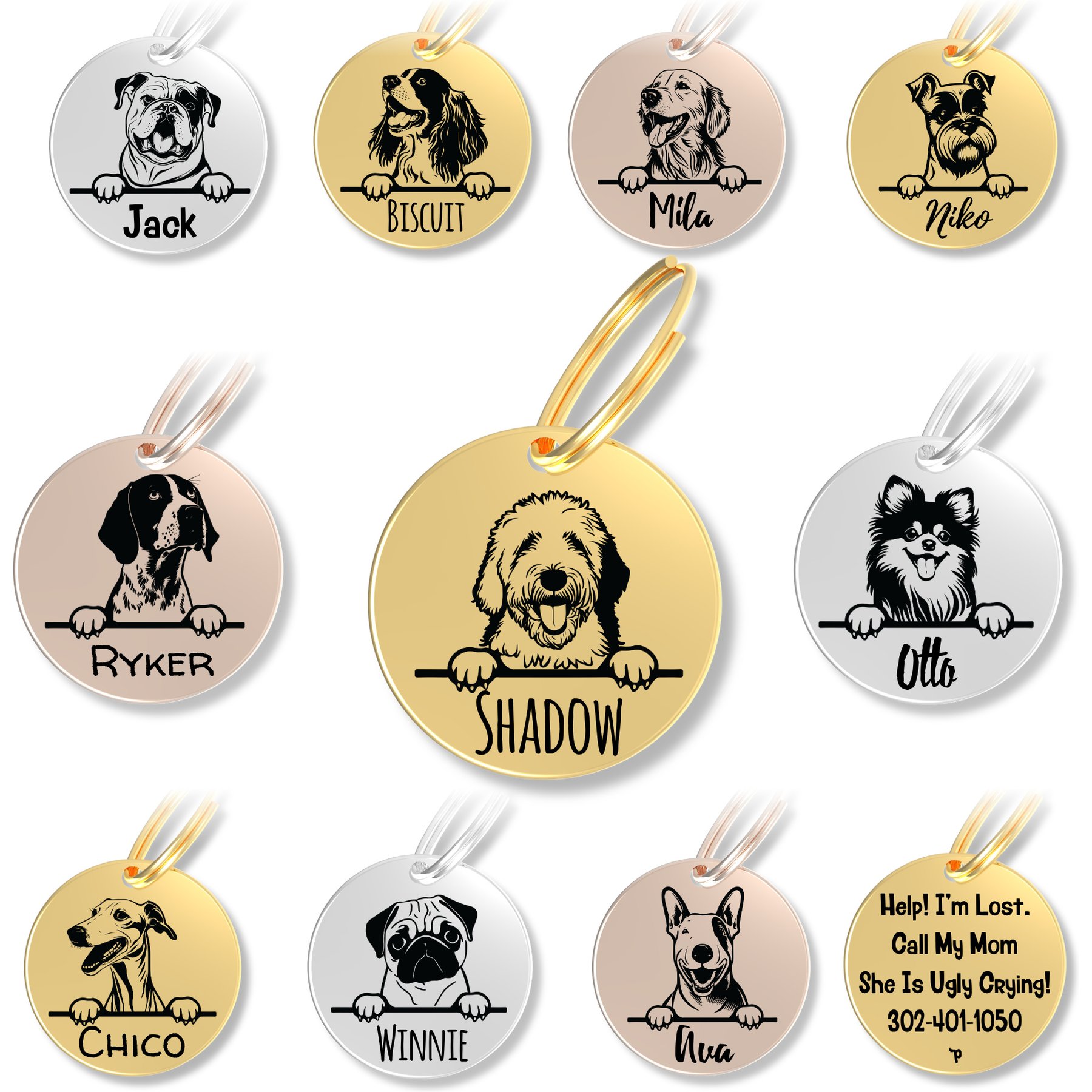 PawFurEver Dog Breed Stainless Steel Personalized Dog ID Tag, Old English Sheepdog, Gold