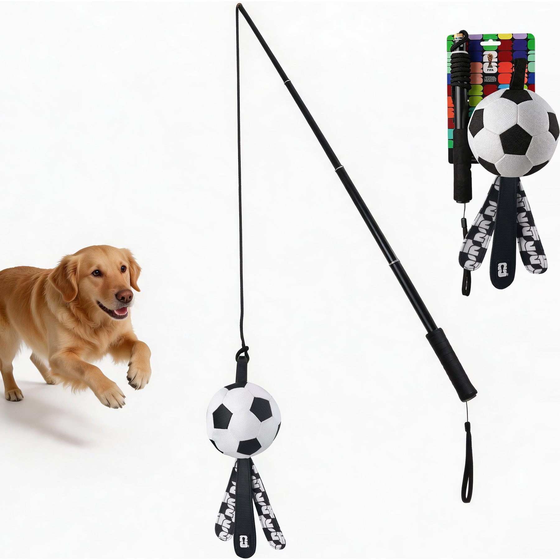 FIFA Action Chase Pole B&W Training Teaser Wands Dog Toy, Black/White