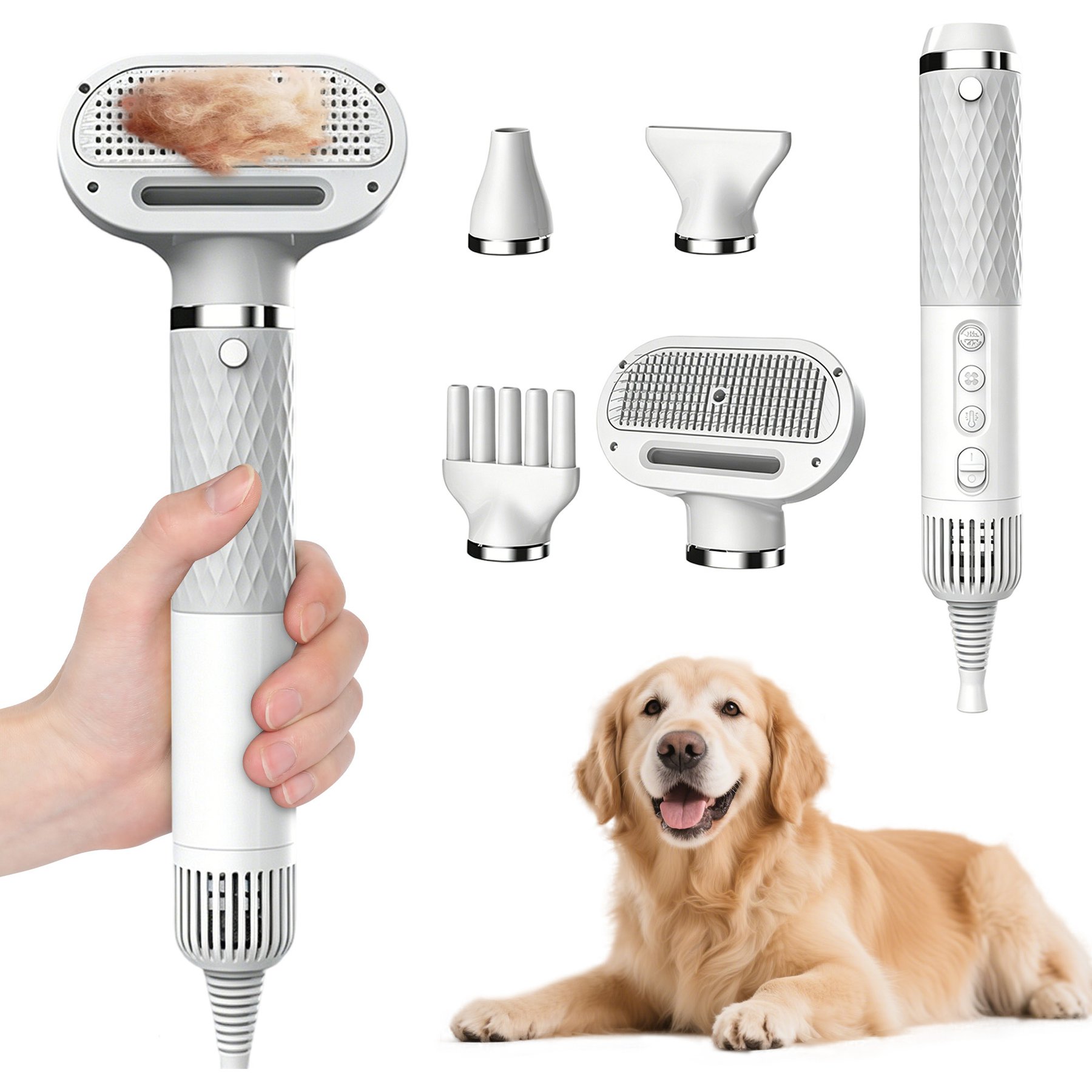 Decflow 3-Speed 2-in-1 Dog Hair Dryer & Grooming Brush, White