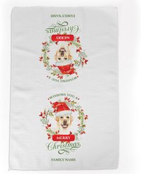 PGS Yellow Labrador Wishing You A Merry Christmas Watercolor Pet Breeds Waffle Weave Towel, White/Red/Green, 16 x 24-in
