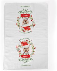 PGS Yorkie Wishing You A Merry Christmas Watercolor Pet Breeds Waffle Weave Towel, White/Red/Green, 16 x 24-in