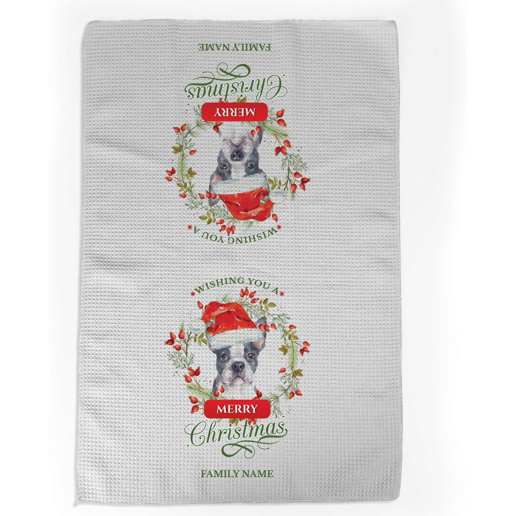 PGS Boston Terrier Wishing You A Merry Christmas Watercolor Pet Breeds Waffle Weave Towel, White/Red/Green, 16 x 24-in