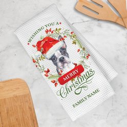 PGS Boston Terrier Wishing You A Merry Christmas Watercolor Pet Breeds Waffle Weave Towel, White/Red/Green, 16 x 24-in slide 2 of 2
