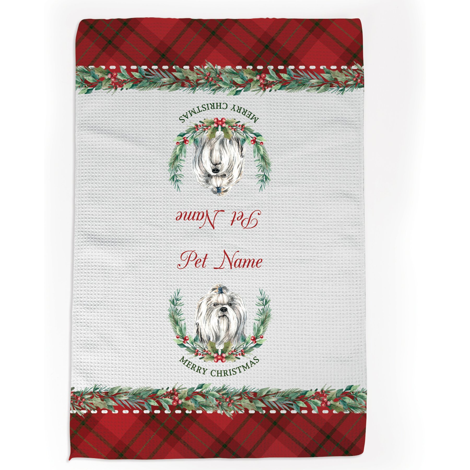 PGS Shih Tzu Watercolor Dog Breed with Plaid & Winter Watercolor Foliage Waffle Weave Towel, White/Red/Green, 16 x 24-in