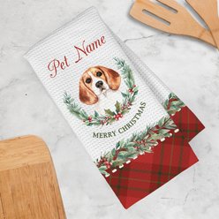 PGS Beagle Watercolor Dog Breed with Plaid & Winter Watercolor Foliage Waffle Weave Towel, White/Red/Green, 16 x 24-in slide 2 of 2