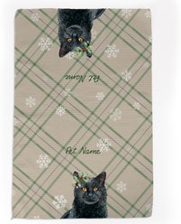 PGS Black Cat Watercolor Cats with Holly over the ear on Neutral Plaid Background Waffle Weave Towel, Green/Red/Grey/White, 16 x 24-in