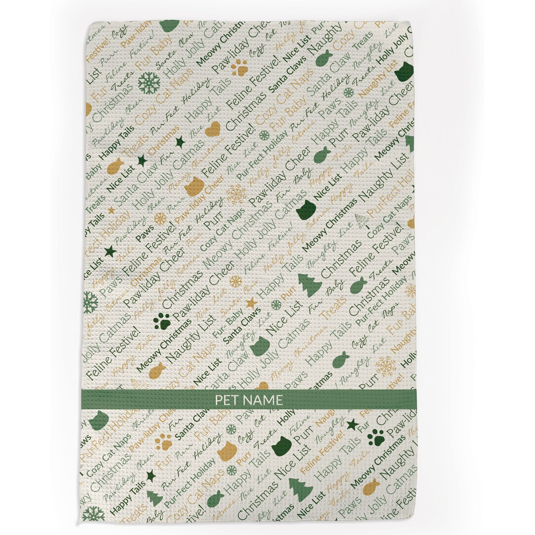 PGS Sage Static Cat Christmas Word Art Waffle Weave Towel, Sage Green/Gold, 16 x 24-in