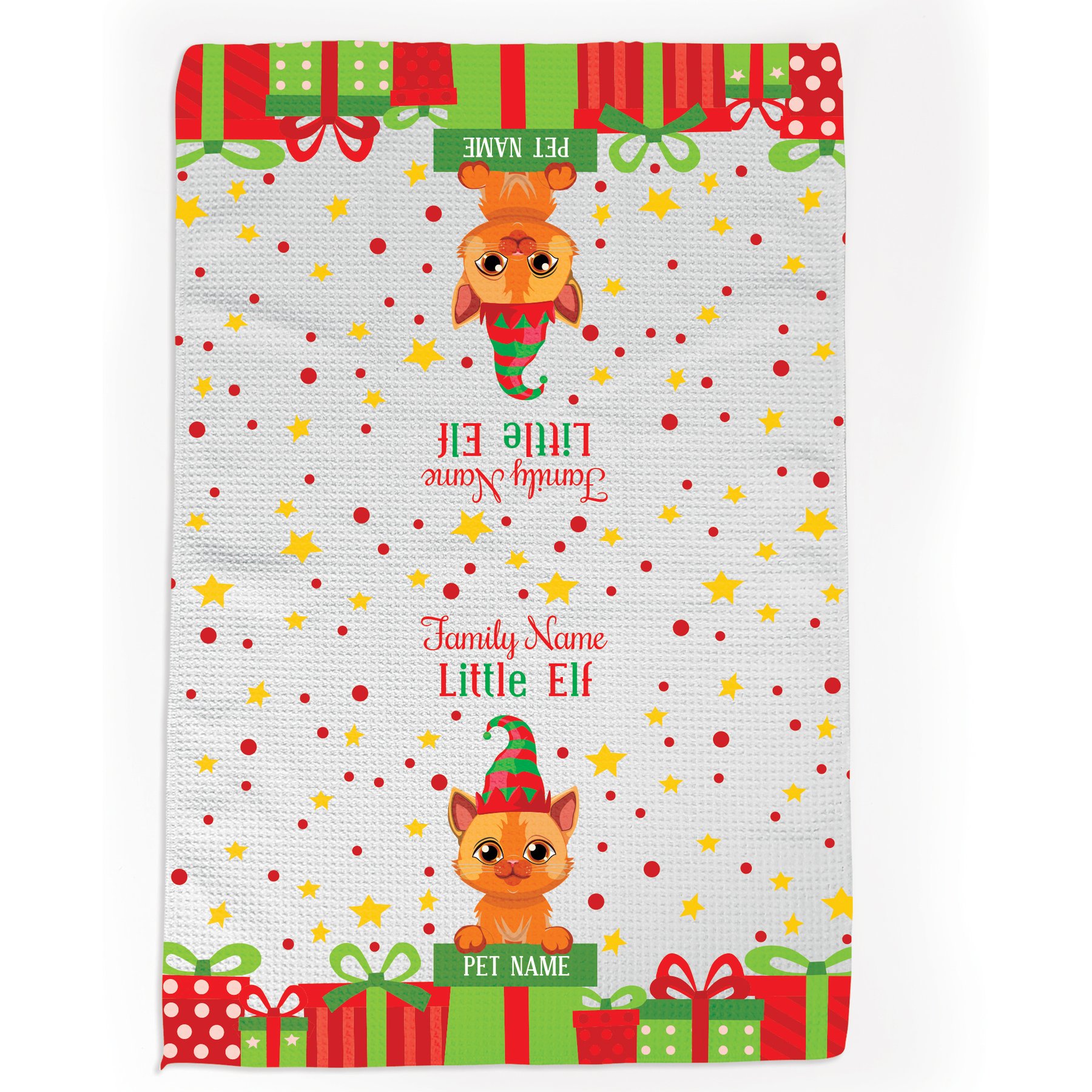 PGS Orange Cat Little Elf Christmas Pet Breed Waffle Weave Towel, White/Red/Green/Yellow, 16 x 24-in