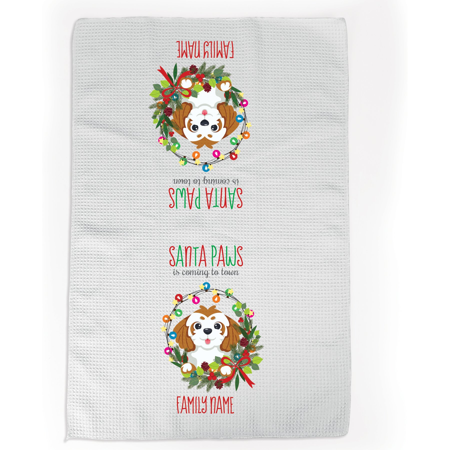 PGS Shih Tzu Holiday Lights Pet Breeds Waffle Weave Towel, White/Red/Green, 16 x 24-in