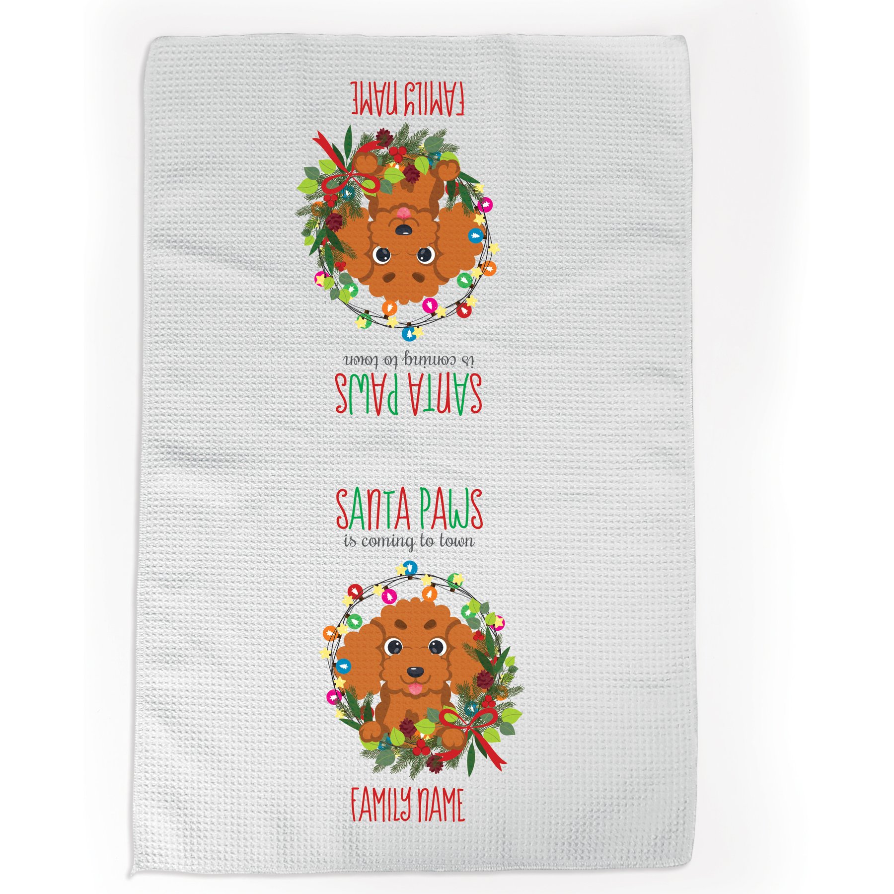 PGS Poodle Holiday Lights Pet Breeds Waffle Weave Towel, White/Red/Green, 16 x 24-in