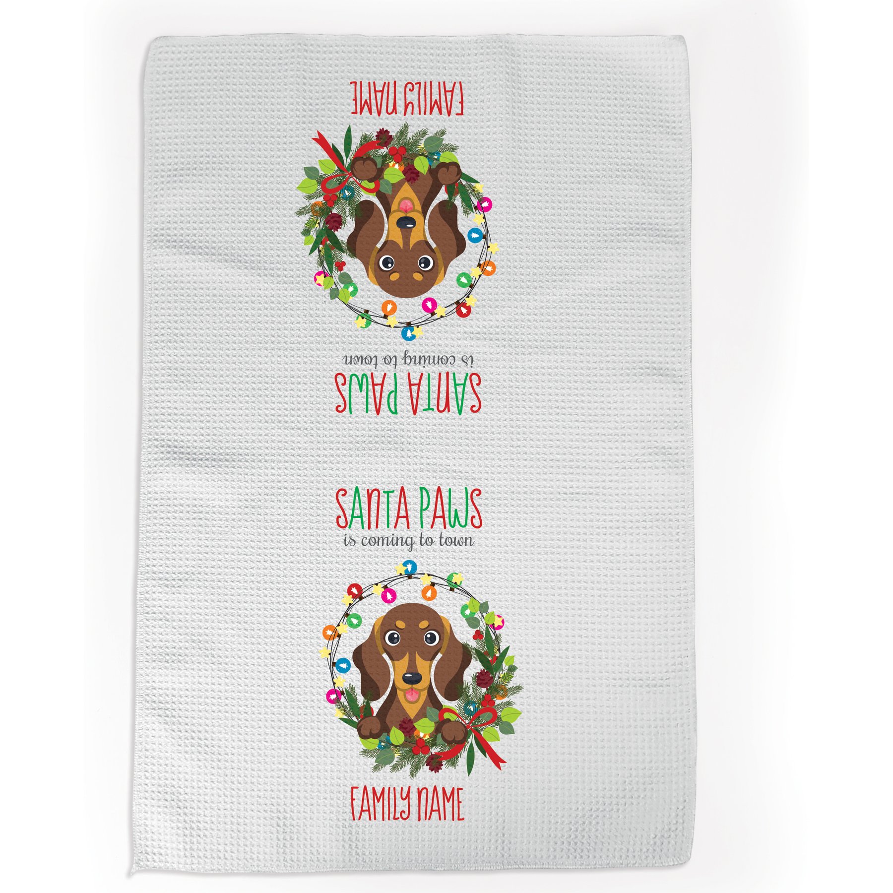 PGS Dachshund Holiday Lights Pet Breeds Waffle Weave Towel, White/Red/Green, 16 x 24-in