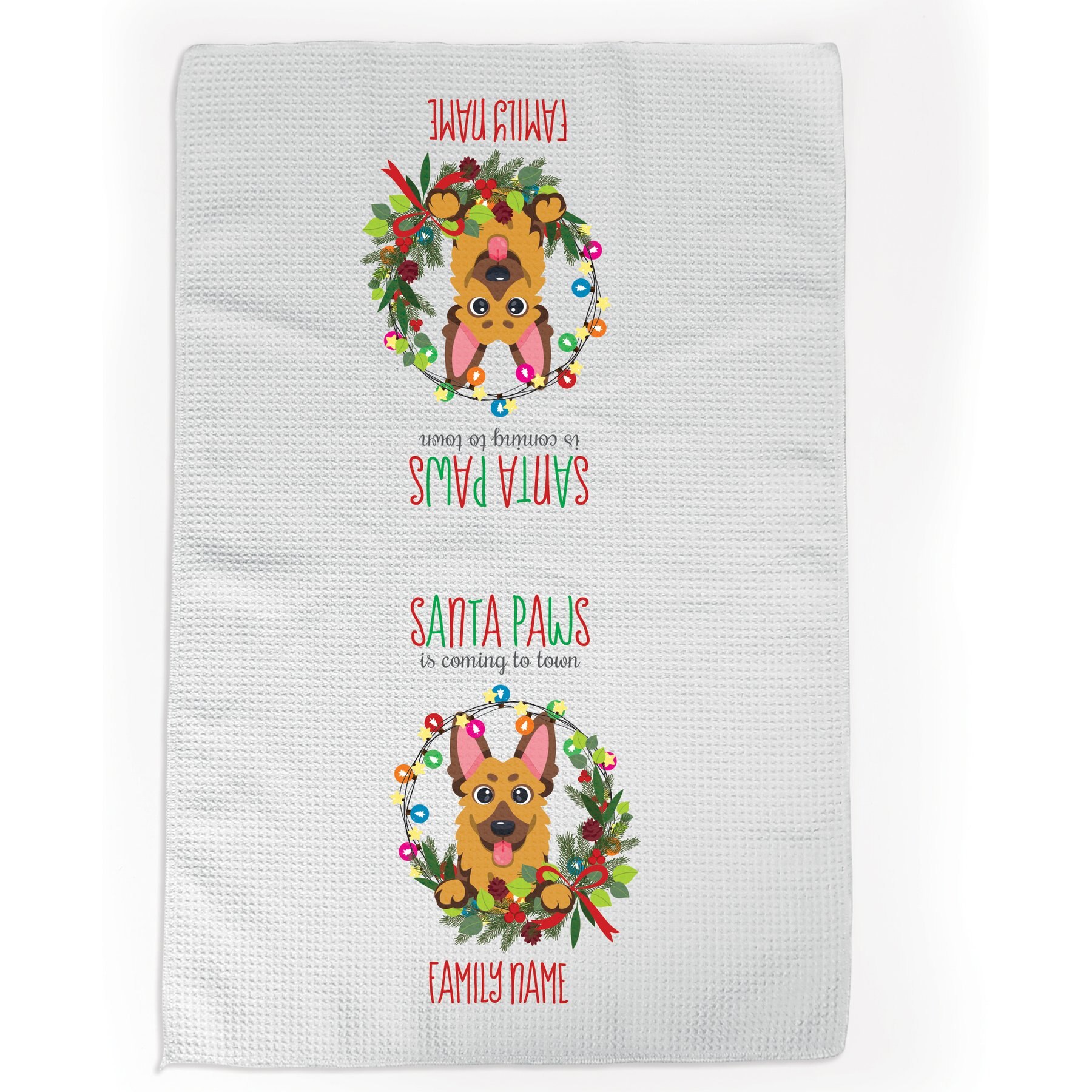 PGS German Shepherd Holiday Lights Pet Breeds Waffle Weave Towel, White/Red/Green, 16 x 24-in