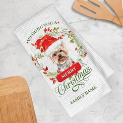 PGS Yorkie Wishing You A Merry Christmas Watercolor Pet Breeds Waffle Weave Towel, White/Red/Green, 16 x 24-in slide 2 of 2