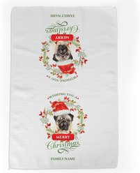 PGS Pug Wishing You A Merry Christmas Watercolor Pet Breeds Waffle Weave Towel, White/Red/Green, 16 x 24-in